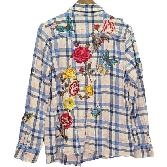 Johnny Was Blue Plaid Embroidered Top with Butterflies - Picture 2 of 9